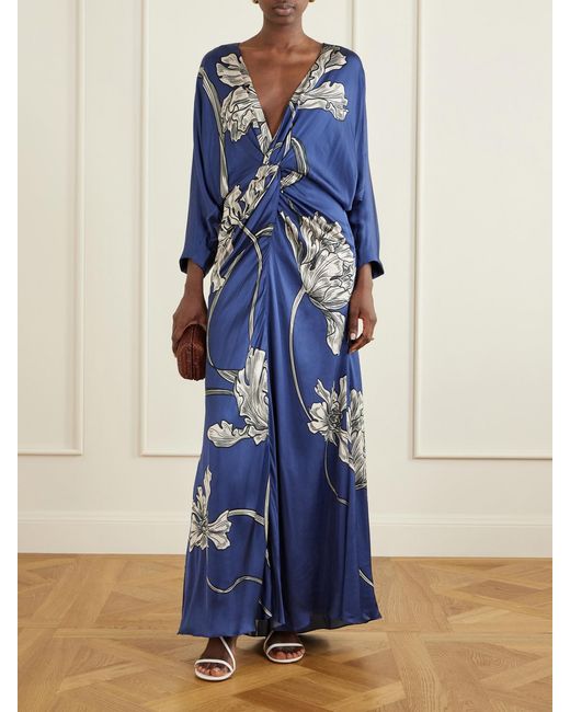 ANDRES OTALORA Blue Olanna Printed Gathered Cotton Maxi Dress
