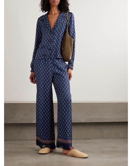 Doen Blue Lavon Fringed Paisley-Print Silk Straight-Leg Pants