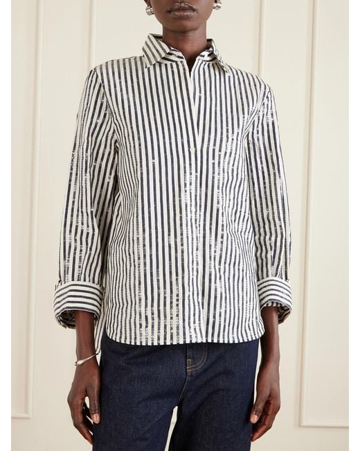 Twp Blue Next Morning Sequined Striped Cotton-Blend Poplin Shirt