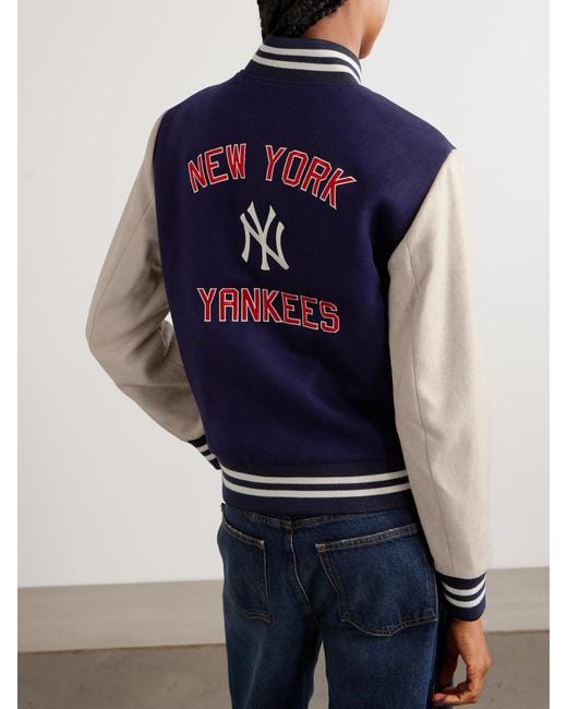 Sporty & Rich Blue New York Yankees Champions Embroidered Wool-Felt Bomber Jacket