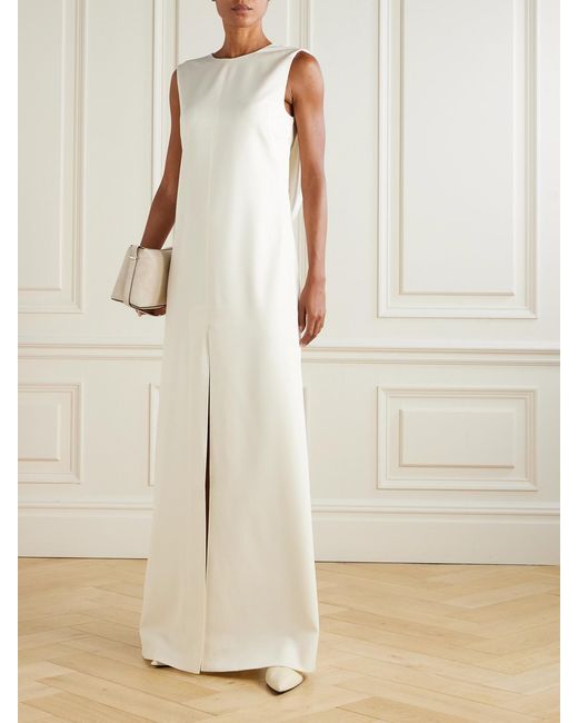 Sa Su Phi White Tuxedo Open-Back Draped Silk-Blend Satin-Trimmed Wool Maxi Dress