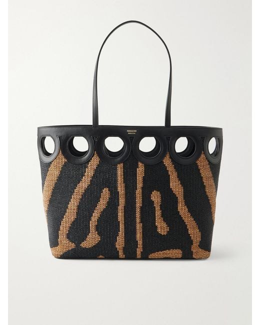 Ferragamo Black Leather-Trimmed Raffia Tote