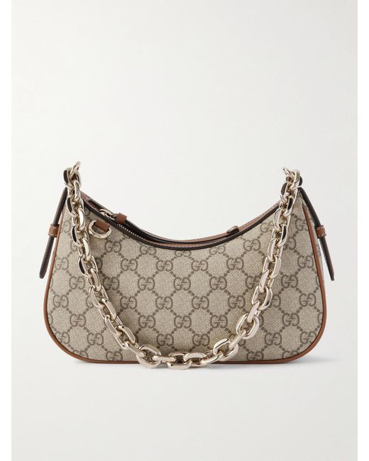 Gucci Gray Gg Emblem Leather-Trimmed Printed Coated-Canvas Shoulder Bag