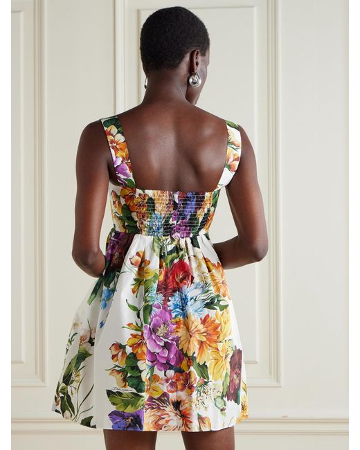 Dolce & Gabbana White Shirred Floral-Print Cotton-Poplin Bustier Mini Dress