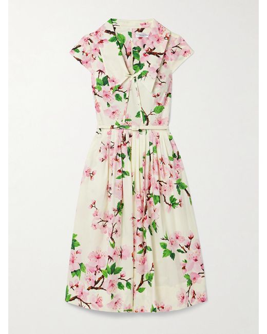 Oscar de la Renta White Belted Pleated Printed Cotton-Blend Poplin Midi Dress