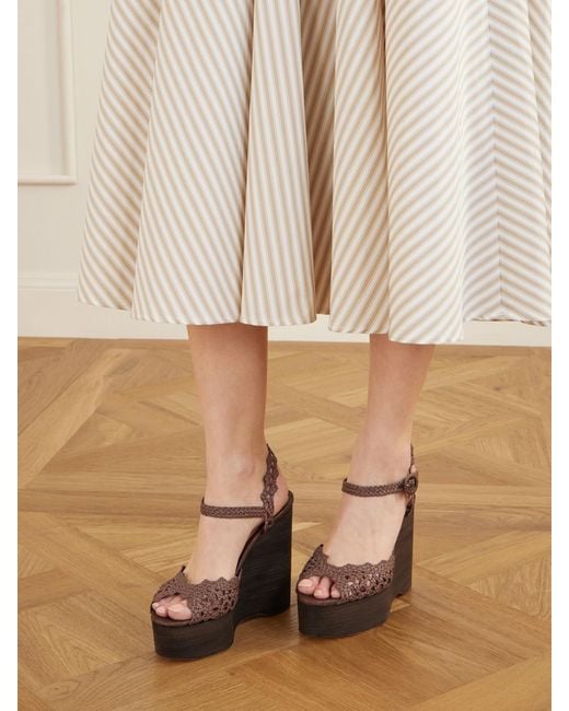 Aquazzura Brown Bossa Nova 130 Crocheted Raffia Platform Sandals