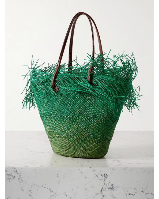 Sensi Studio Green Leather-Trimmed Frayed Ombré Straw Tote
