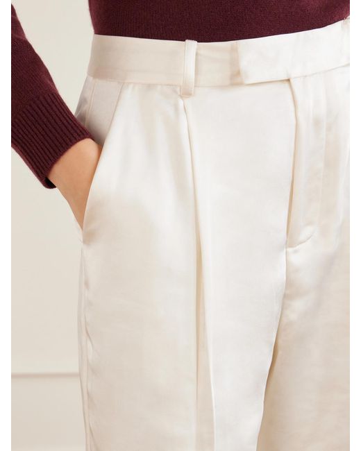 Self-Portrait White Pleated Satin Straight-Leg Pants