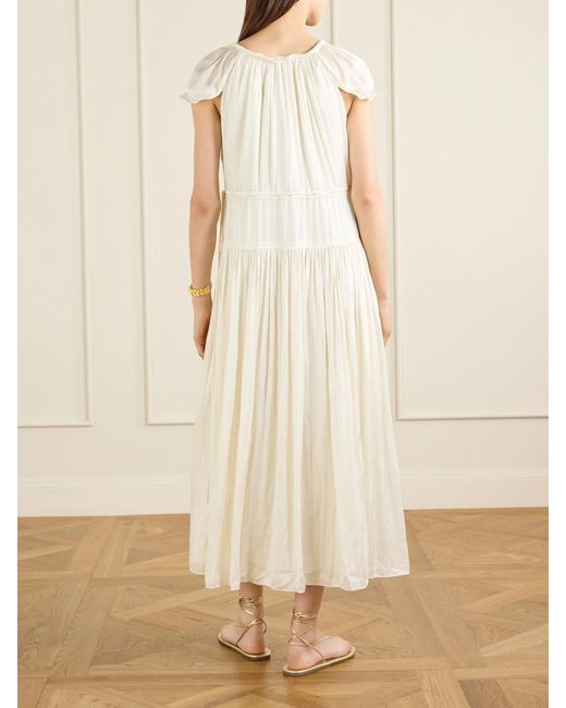 La Ligne White Pintucked Ruffled Satin Midi Dress