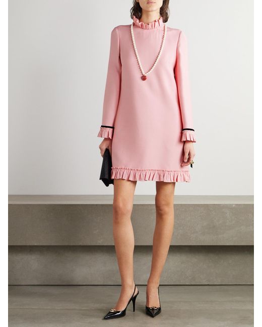 Mini-Robe En Crêpe De Laine Et De Soie Mélangées À Finitions En Velours Et À Volants Valentino Garavani en coloris Pink
