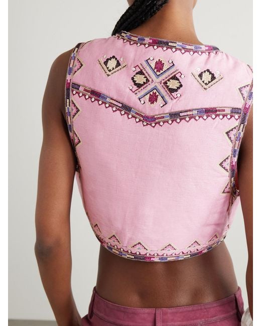 Isabel Marant Pink Zaori Cropped Embellished Embroidered Silk-Gauze Vest