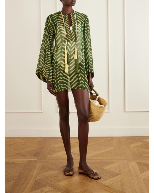 Johanna Ortiz Green Refugio De Sol Tasseled Printed Recycled Georgette Coverup