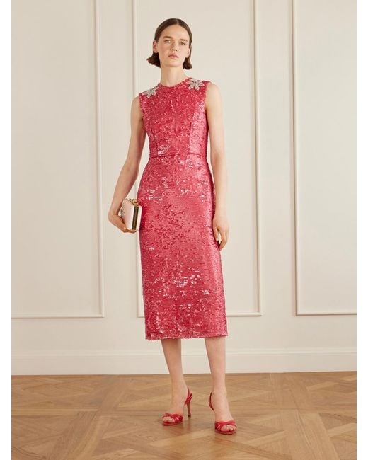 Erdem Red Crystal-Embellished Sequined Satin Midi Dress