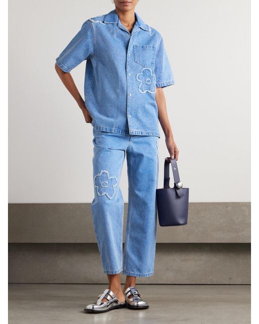 Marni Blue Embroidered Frayed Denim Shirt