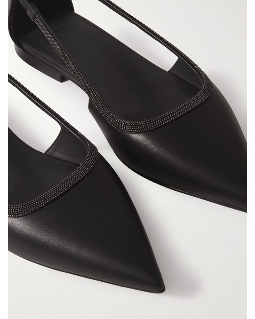 Brunello Cucinelli White Ballerinas Mit Spitzer Kappe Aus Leder Mit Zierperlen