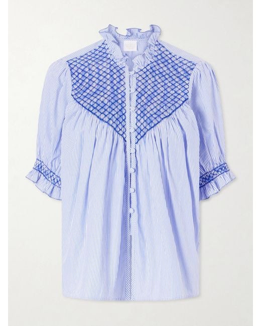 Loretta Caponi Blue Milvia Shirred Striped Cotton-Poplin Blouse