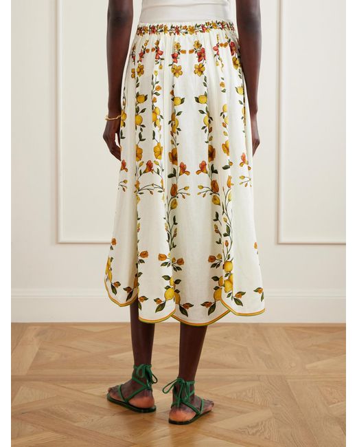 Farm Rio Metallic Lemon Bouquet Printed Linen-Blend Midi Skirt