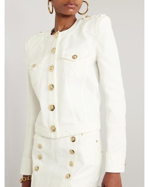 Balmain Natural Cropped Button-Embellished Cotton-Canvas Jacket