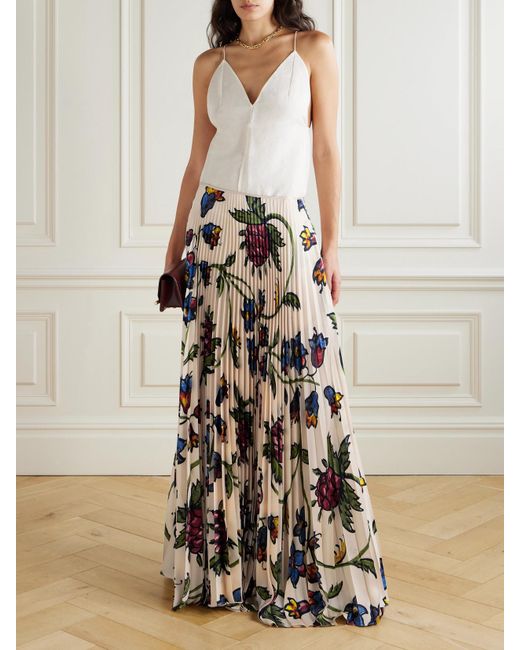 S.S.Daley White Kate Pleated Floral-Print Satin-Twill Maxi Skirt