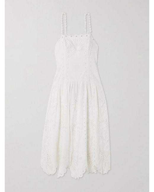 Robe Midi En Lin Mélangé À Broderie Anglaise, Fronces Et Festons Richelieu Farm Rio en coloris White