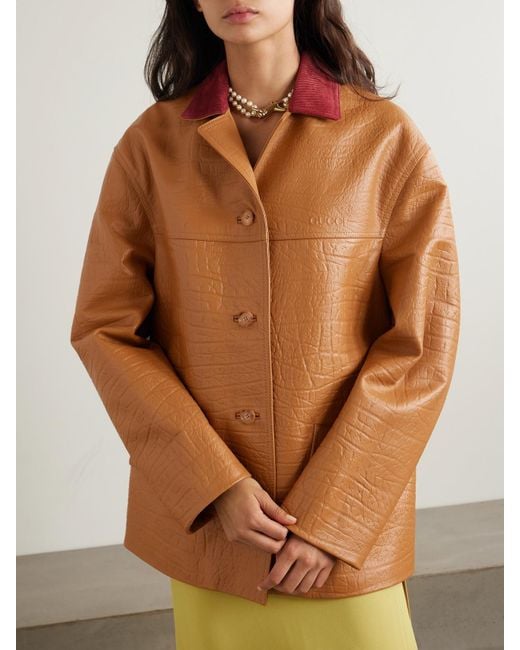 Gucci Brown Oversized Suede-Trimmed Textured-Leather Jacket