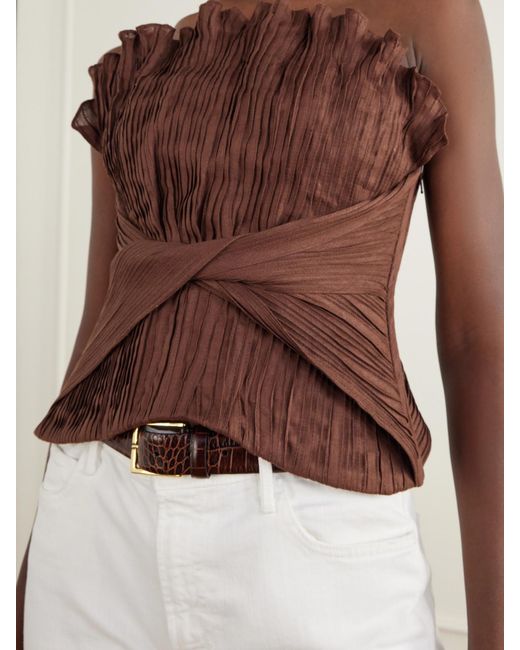 ANDRES OTALORA Brown De Los Astros Pleated Twisted Linen Bustier Top