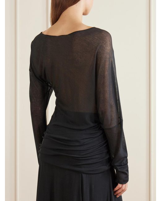 Ruohan Blue Cobia Asymmetric Gathered Cotton-Gauze Blouse