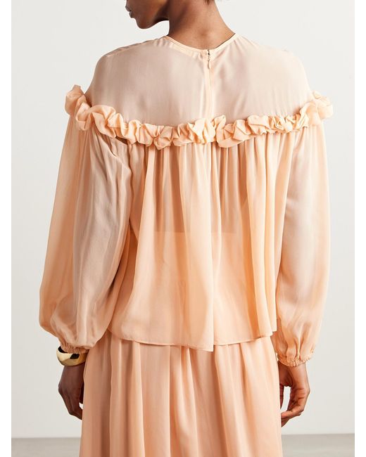 Ulla Johnson Natural Peggy Ruffled Gathered Silk Crepe De Chine Blouse