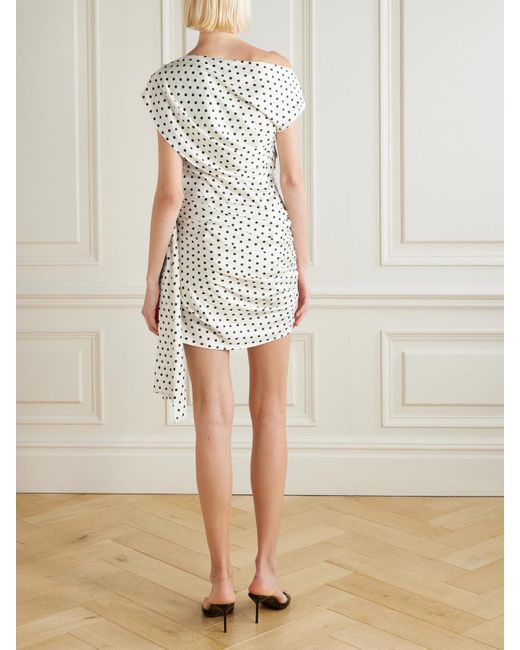 Self-Portrait White Tie-Side Asymmetric Polka-Dot Satin-Crepe Mini Dress