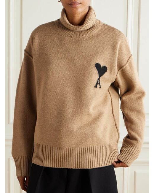 AMI Natural Oversized Intarsia-Knit Wool Turtleneck Sweater