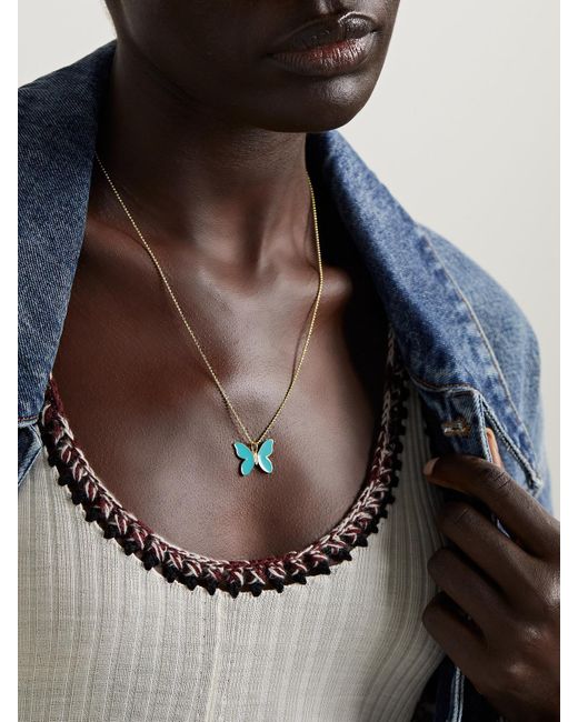Sydney Evan Blue Butterfly 14-Karat, Enamel And Diamond Necklace