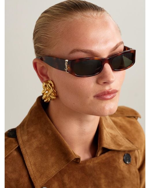 Saint Laurent Brown Rectangle-Frame Tortoiseshell Acetate Sunglasses