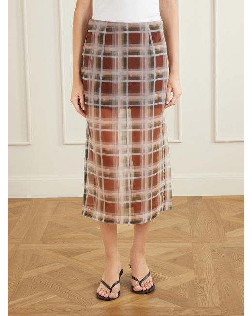 FRAME Natural Checked Silk-Organza Midi Skirt