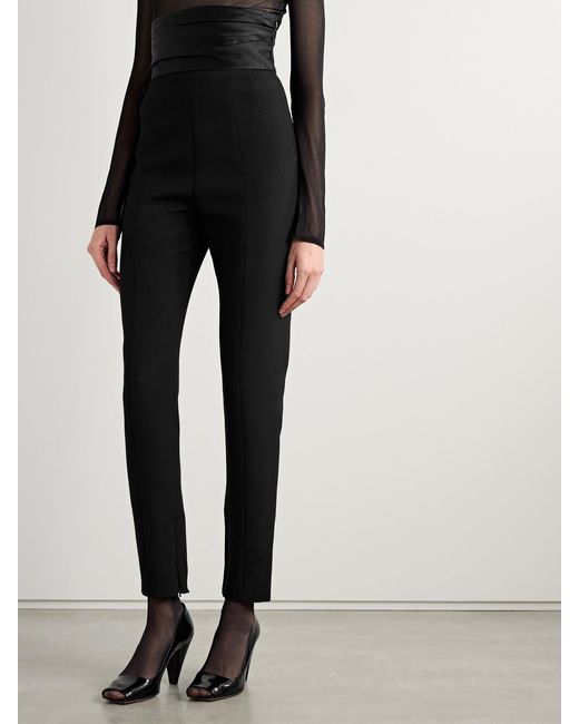 Khaite Black Lenro Pleated Satin-Trimmed Grain De Poudre Straight-Leg Pants