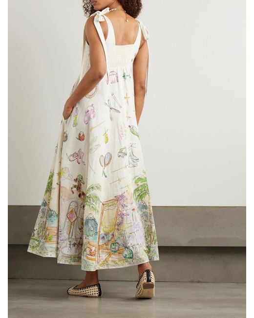 ALÉMAIS White Anouk Colantoni Ballet Tie-Detailed Printed Shirred Linen Dress