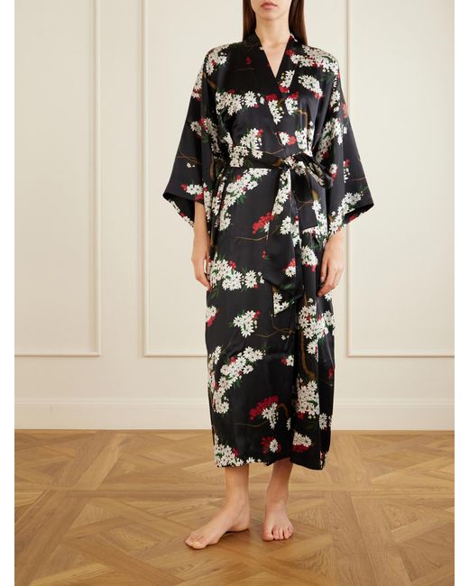 Olivia Von Halle Black Queenie Belted Floral-Printed Silk-Satin Robe