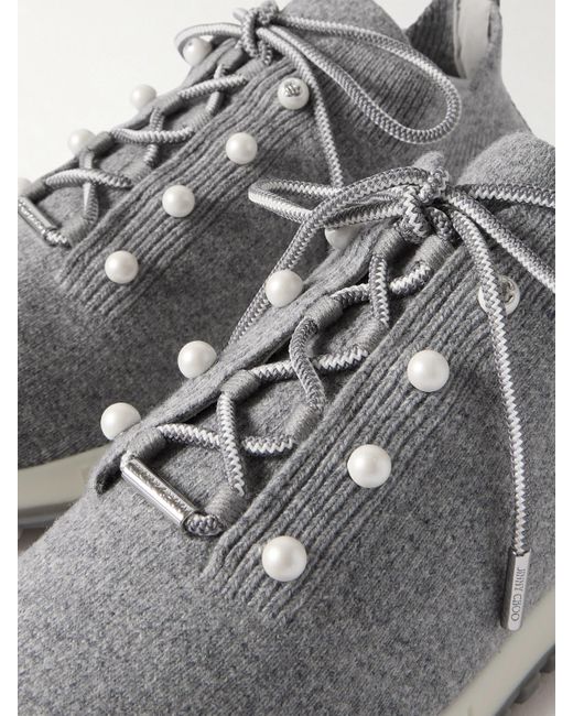 Jimmy Choo Gray Veles Faux Pearl-Embellished Knitted Sneakers