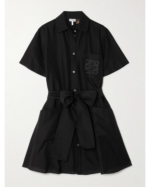 Loewe Black Paula's Ibiza Mini-Hemdblusenkleid Aus Voile Mit Applikation Und Bindegürtel