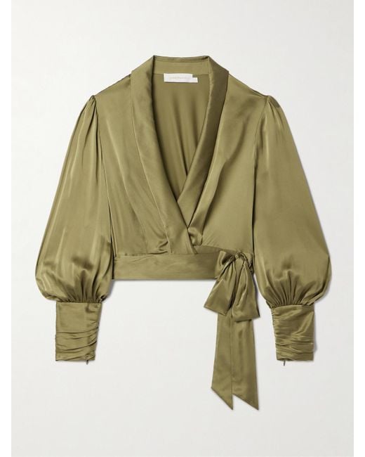 Zimmermann Green Silk-Satin Wrap Blouse