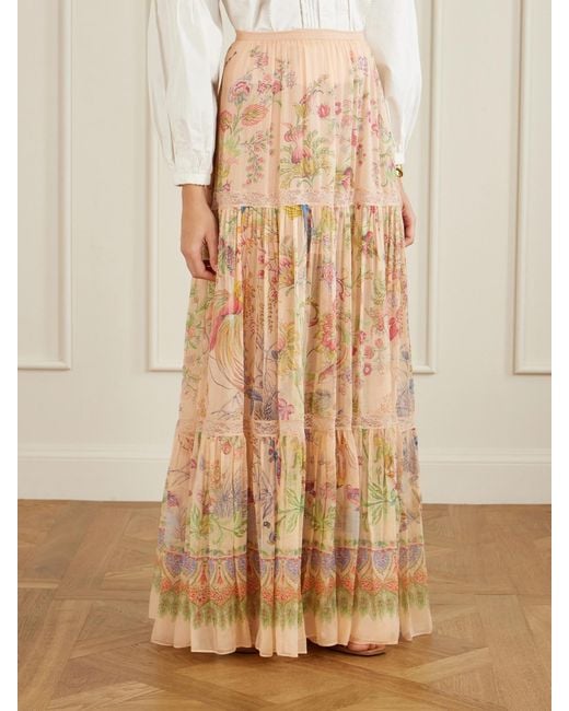 Etro Natural Tiered Pleated Lace-Trimmed Printed Silk Maxi Skirt