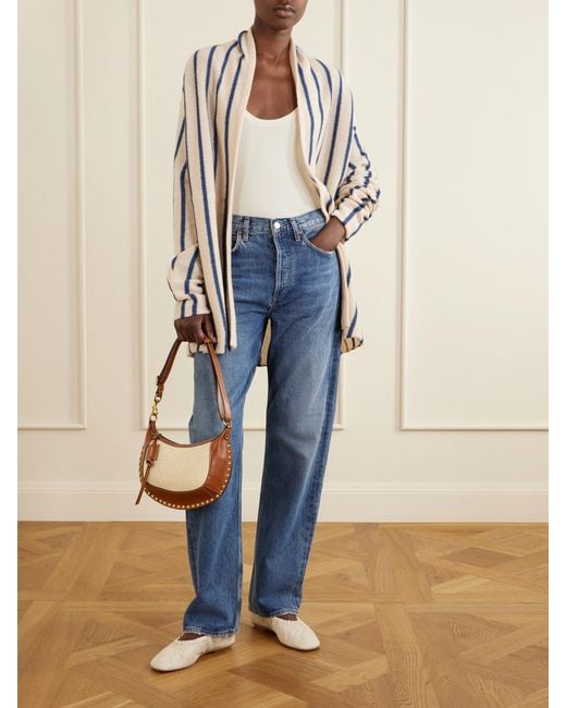 The Elder Statesman White Striped Knitted Cashmere Cardigan