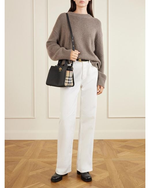 Burberry Black Cotswolds Mini Checked Canvas-Trimmed Leather Tote