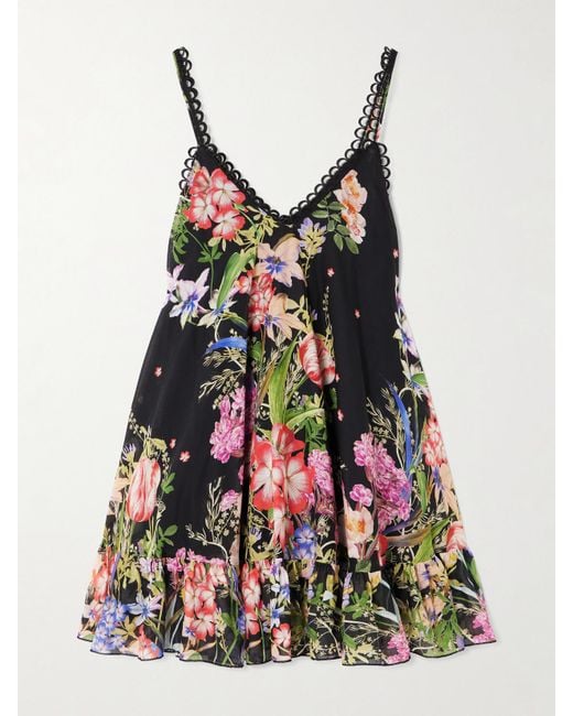 Mini-Robe En Voile De Coton Mélangé À Imprimé Fleuri Et À Finition Volantée Lily Charo Ruiz en coloris Black