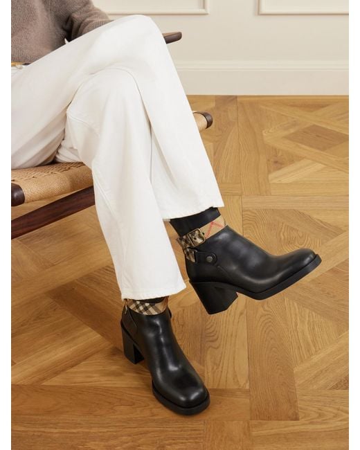 Burberry Black Huntley 70 Checked Canvas-Trimmed Leather Ankle Boots