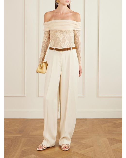 Zimmermann Natural Off-The-Shoulder Ruched Jersey And Stretch-Lace Bodysuit