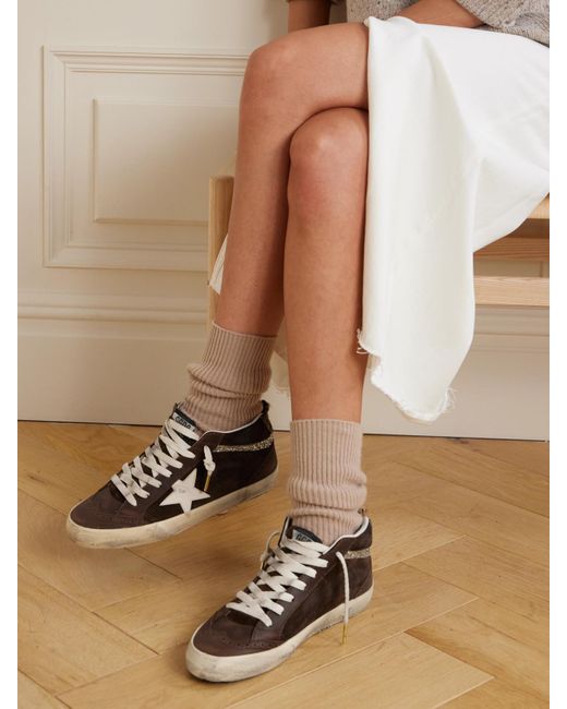 Golden Goose Deluxe Brand Brown Mid Star Distressed Crystal-Embellished Leather And Suede High-Top Sneakers