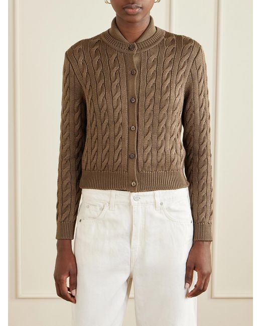 Ralph Lauren Brown Cable-Knit Stretch-Silk Cardigan