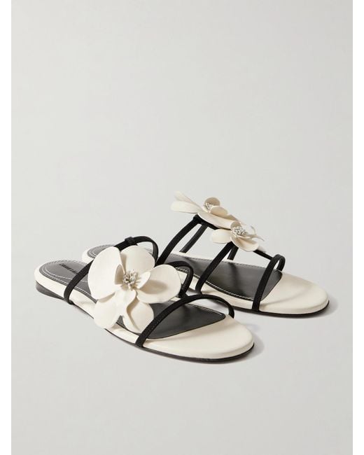 Zimmermann Natural Orchid Appliquéd Leather And Grosgrain Slides