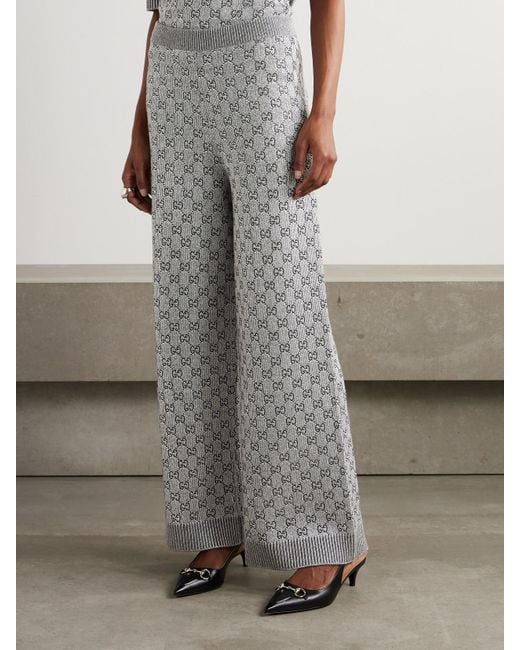 Gucci Gray Hose Mit Weitem Bein Aus Einer Metallic-Wollmischung Mit Kristallen
