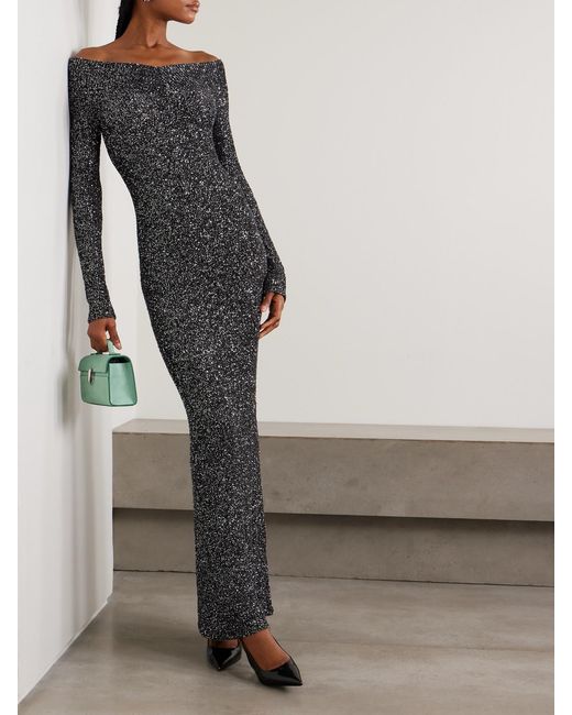 Stella McCartney Gray Off-The-Shoulder Sequined Recycled Knitted Gown